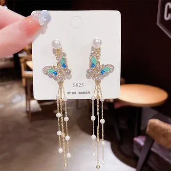 קוריאני Earings תכשיטי אופנה פרפר סימולציה פרל זמן עגילי ציצית הצהרה עגילים לנשים מתנה Brincos